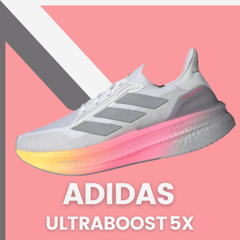 Lagan Adidas Ultraboost 5X u sivoj boji sa đonom u roze-žutoj nijansi – idealan za kardio i traku za trčanje