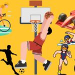 prikaz biciklizma, košarke, fudbala, tenisa, atletike i formule na žutoj pozadini