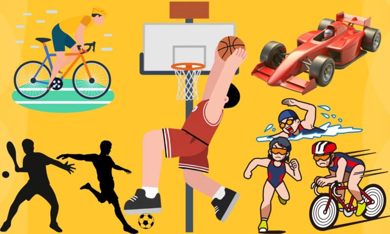 prikaz biciklizma, košarke, fudbala, tenisa, atletike i formule na žutoj pozadini