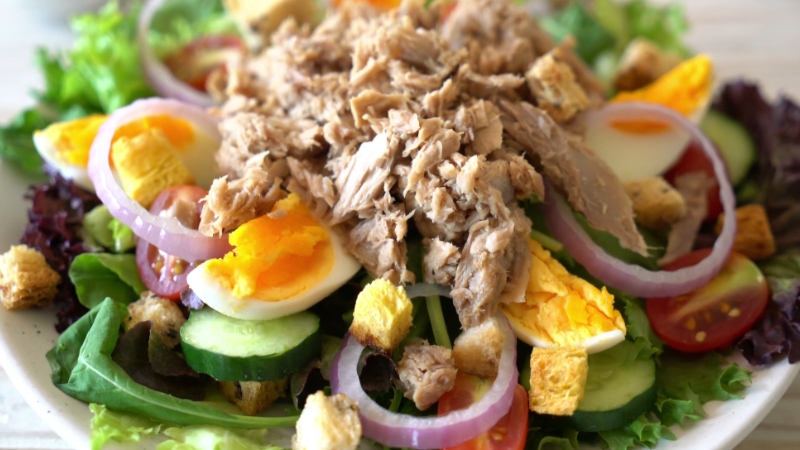 Tanjir sa salatom, tunjevinom, kuvanim jajima i svežim povrćem