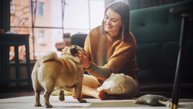 Žena sedi na podu i mazi psa u dnevnoj sobi